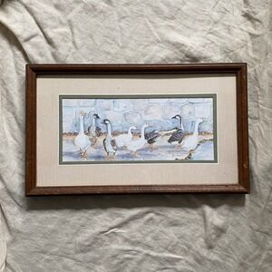 Vintage Geese Ducks Framed Watercolor Print Farmhouse Art Cottagecore Heritage